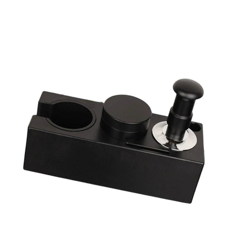 Straight Fire Coffee Tamper Base And Tamping Station For 51mm 53mm 58mm Portafilters with precision tool shown at an angle.