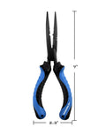 Intimidator 7 Inch Straight Nose Fishing Pliers for Hook Removal with blue polymer grip and S45 steel, shown with measurements.