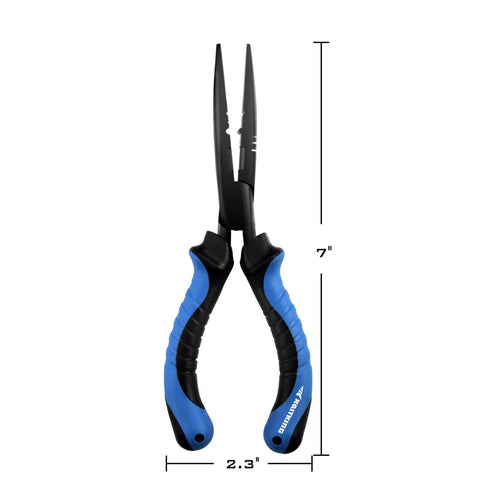Intimidator 7 Inch Straight Nose Fishing Pliers for Hook Removal with blue polymer grip and S45 steel, shown with measurements.