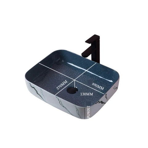 USZWBY Modern Nordic Art Above Counter Ceramic Rectangular Vessel Sink Thickened Basin for Bathroom Countertop Vanity, dimensions labeled.