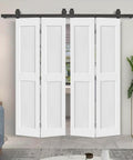 52 Inch By 84 Inch Two Panel Shaker Hollow Core White Composite Bi Fold Door With Barn Door Hardware Kit installed view