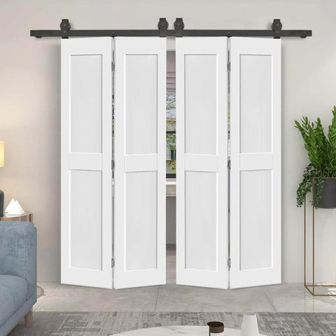 52 Inch By 84 Inch Two Panel Shaker Hollow Core White Composite Bi Fold Door With Barn Door Hardware Kit installed view