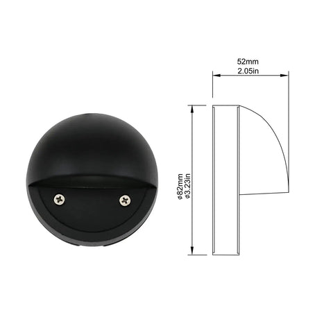 2W Dope Low Voltage Landscape Deck Lights 12 Pack Waterproof IP65 Outdoor Patio Step Lighting With Replaceable G4 LED Bulbs In Black 12V 3000K Die Cast Aluminum Housing, front and side view dimension illustration.