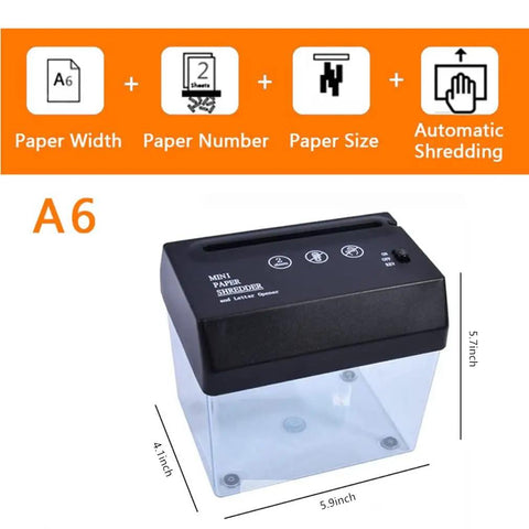 No Hassle Mini Paper Shredder With Built In Letter Opener Usb And Battery Powered Quiet Strip Cutter For A6 And Folded A4 Documents, compact design.