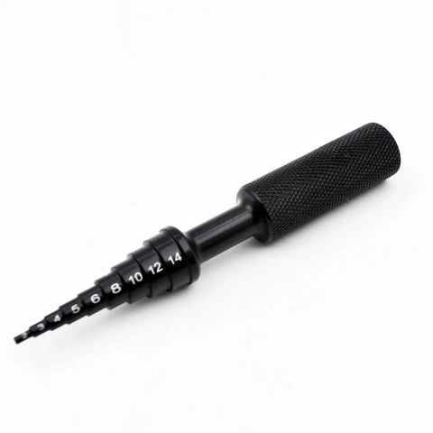 Thinking Process: black aluminum bearing puller tool with 2mm to 14mm size markings for small shaft removal