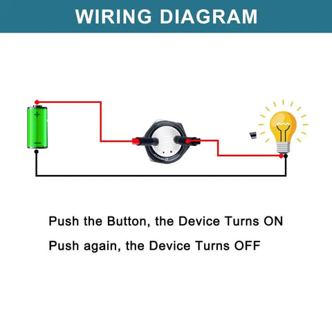 Wiring diagram for Five Pack 12mm Latching Push Button Switches With Raised Head On Off Normally Open Pre Soldered Cable Aluminum