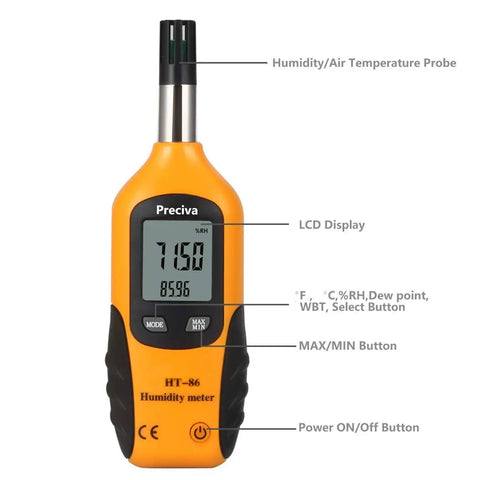 Handy All In One Digital Hygrometer And Psychrometer With Dew Point And Wet Bulb Readouts, showing LCD display and buttons.