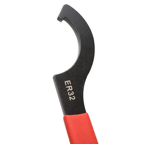 Beefy Workhorse Collet Chuck Holder For MT4 ER32 M16 Carbon Steel Tooling Holder with ER32 labeled wrench close-up