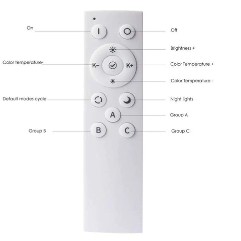 Remote control for LED Under Cabinet Lighting Kit With Remote Control Dimmable And Color Temperature Adjustable From 2700K To 6500K Easy Install No Fuss For Kitchen Cabinets Pantry Shelves Workbench Hallway Six Bar Kit, showing buttons for power, brightness, and color temperature adjustments.
