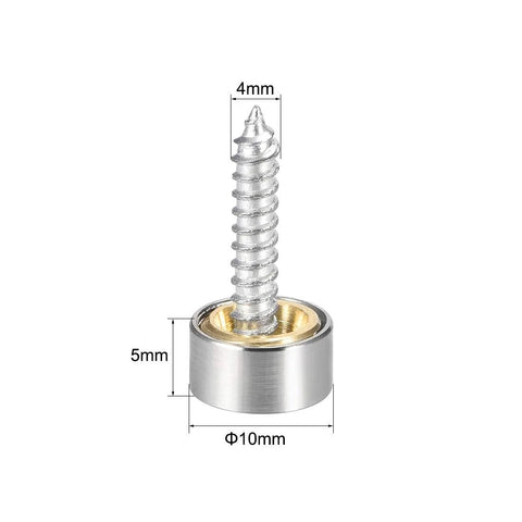 Mirror Screw Decorative Cap Covers 10mm Brushed Stainless Steel Set of 4 Durable Caps for Mirrors with screw close-up view.