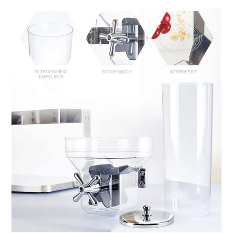No Fuss Count Controlled Cereal Dispenser And Nut Storage Container Airtight Dry Food Jar with transparent body and rotary switch.