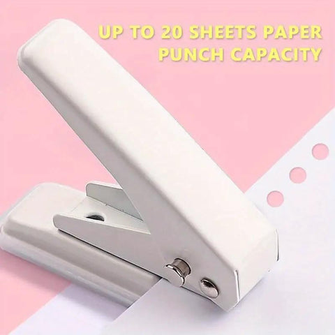 Heavy Duty Single Hole Puncher With One Quarter Inch Hole Twenty Sheet Capacity Metal Construction on pink background
