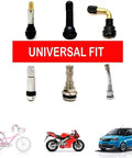 Various tire valve types under 'Universal Fit' label with images of a bicycle, motorcycle, and car.