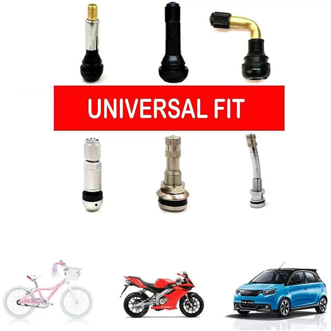 Various tire valve types under 'Universal Fit' label with images of a bicycle, motorcycle, and car.