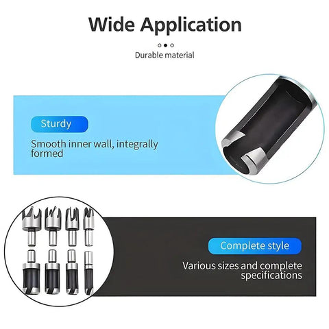 Top Shelf Wood Plug Cutter Drill Bit Set With Four Slick Carbon Steel Cork Remover Bits For Chopping Clean Round Tenon Holes On Bench Or Handheld Drills Ready To Rock Daily, showcasing sturdy cutting bits and specifications.