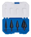Vari Bit Step Drill Bit Set, 4 Piece HSS With Steam Oxide Finish in blue case, 28 hole sizes visible.