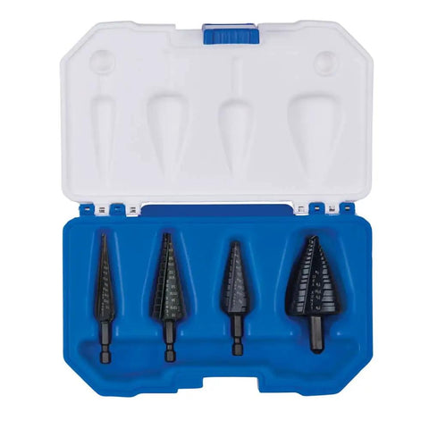 Vari Bit Step Drill Bit Set, 4 Piece HSS With Steam Oxide Finish in blue case, 28 hole sizes visible.