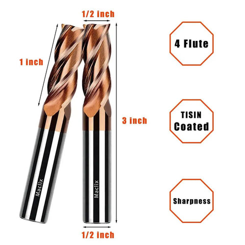 2-Piece Half Inch Carbide End Mill Bits Set, 3 Inch Overall Length, Half Inch Cutting Diameter, 4 Flutes