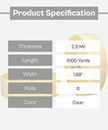 Product specifications of No Frills Clear Packing Tape Two Point Five Mil Thick One Point Eight Eight Inches Wide Six Pack.