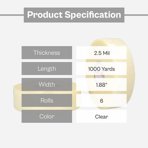 Product specifications of No Frills Clear Packing Tape Two Point Five Mil Thick One Point Eight Eight Inches Wide Six Pack.