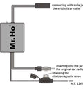 Diagram of Universal Car Radio Antenna Signal Booster 12V with labeled connections for marine, car, boat, truck, and RV use.