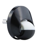 Front wheel caster assembly for Roomba vacuum; black housing with white wheel and metal axle