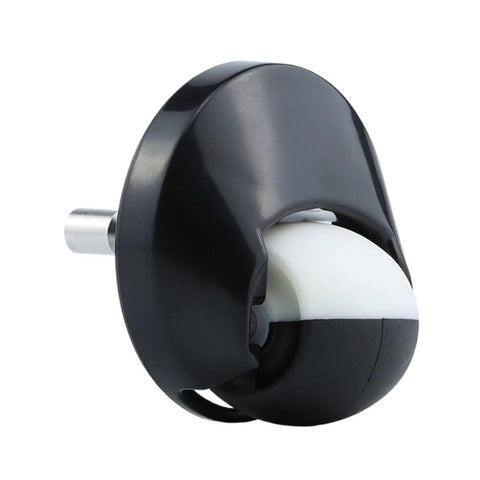 Front wheel caster assembly for Roomba vacuum; black housing with white wheel and metal axle
