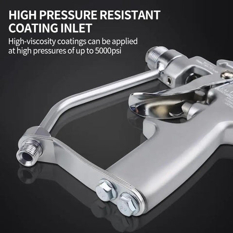 Close-up of the high pressure resistant inlet of the Top Shelf Airless Paint Spray Gun With Reversible 517 Nozzle Tip, 5000 Psi.