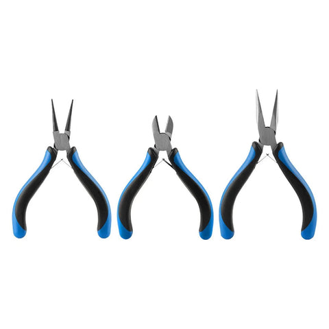 Three Piece Pliers Set for DIY Jewelry Making and Repairs With Carbon Steel Build, Sturdy Lightweight Tools and Non Slip Grips, Easy to Use Crafting Kit for Cutting, Bending, Wire Trimming. Three pliers set with blue grips