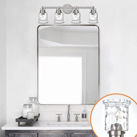 4 Light Vanity Lights In Brushed Nickel Finish With Hammered Glass Shades above bathroom mirror