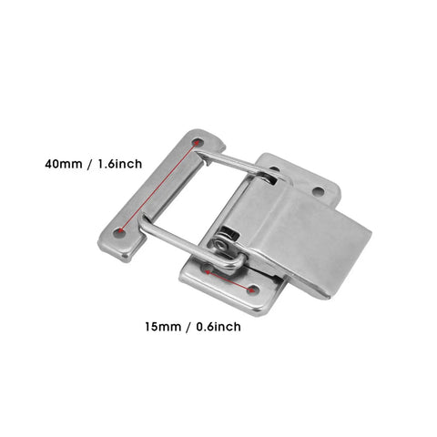 Stainless Steel Hasp Latch With Spring Loaded Toggle Lock, 40mm by 15mm, shown at an angle with measurements in mm and inches.