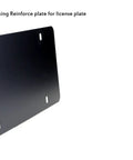 Side view of Stainless Steel License Plate Backing Reinforcement Plate Black 12x6 1mm Thick with screws and caps.
