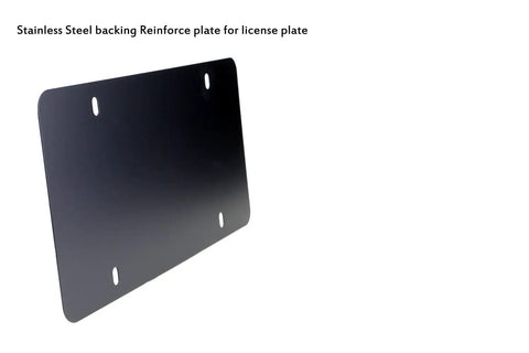 Side view of Stainless Steel License Plate Backing Reinforcement Plate Black 12x6 1mm Thick with screws and caps.