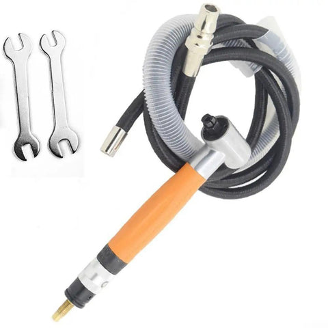 Right Angle Pneumatic Grinder Pen With 90 Degree Air Die Grinding Tool, orange handle, hoses and wrenches for metal shaping.