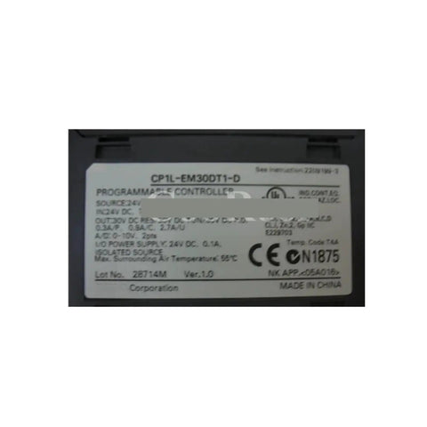 Compact CP1L Series PLC Module With EM30DR-D And EM30DT1-D IO For Industrial Automation Programmable Logic Controller For Machinery Control Reliable Plug-And-Play Setup Heavy-Duty 24V DC PLC Hardware Upgrade label close-up