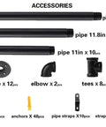 Industrial Pipe Shelf Kit With Wall Mount Brackets And Five Tier Open Shelves In Black Matte 68 Inches Tall 10 Inch Deep Hardware Only No Wood Planks DIY Vintage Industrial Storage For Office Kitchen And Living Space accessories: pipes, flanges, and screws displayed on white background
