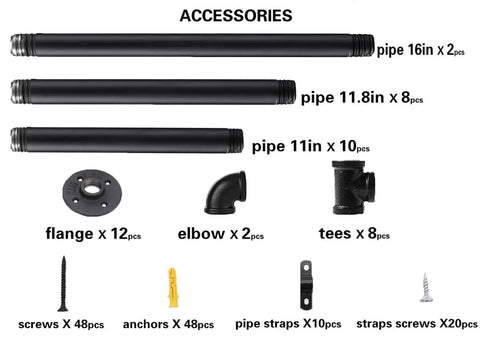 Industrial Pipe Shelf Kit With Wall Mount Brackets And Five Tier Open Shelves In Black Matte 68 Inches Tall 10 Inch Deep Hardware Only No Wood Planks DIY Vintage Industrial Storage For Office Kitchen And Living Space accessories: pipes, flanges, and screws displayed on white background