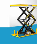 Built Tough Heavy Duty Electric Hydraulic Lift Table With Adjustable Height Workbench Platform For Warehouse Shop Use Rated At 2200 Lb Capacity in yellow and black.