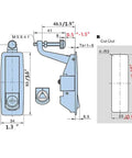 Blue front and side views of a four-piece flush-mount compression latch lock with hand-operated lever, zinc alloy