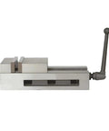 Get This Solid 4 Inch Precision Bench Vise Perfect For CNC Milling And Drilling Tasks, heavy duty steel frame, side view.