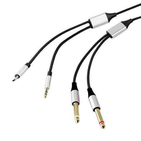 Three In One Beefed Up Shielded One Eighth Inch To Dual Quarter Inch TS Audio Y Cable Aux And USB C Compatible With Android Power Amplifier