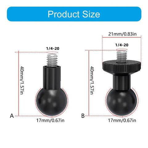 4 Piece 17mm Ball Head Mount Adapters With One Quarter Inch Screw For Camera And Device Mounting Systems Ideal For Action Cameras Dash Cams Vlogging Gear And Accessories, 17mm ball head size diagram with 1/4-20 screw, 40mm length