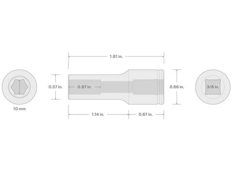 Diagram showing dimensions of 3/8 Inch Drive Semi-Deep 6-Point Socket 10 MM Metric For Auto, Truck And Workshop Use, Model SHD14110