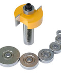 Knockout Quality 1/2 Inch Shank Rabbet Router Bit Set With Six Interchangeable Depth Bearings And Precision Carbide Cutters, showing router bit and six depth bearings.