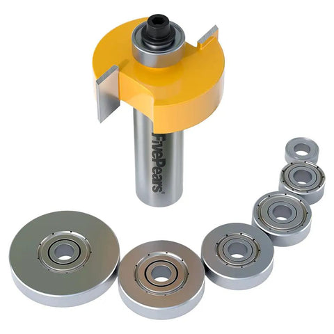 Knockout Quality 1/2 Inch Shank Rabbet Router Bit Set With Six Interchangeable Depth Bearings And Precision Carbide Cutters, showing router bit and six depth bearings.