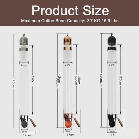 Product Size of Heavy Duty Wall Mounted Coffee Bean Storage Dispenser With Sleek Gold Finish Two Pack, dimensions and capacity shown.