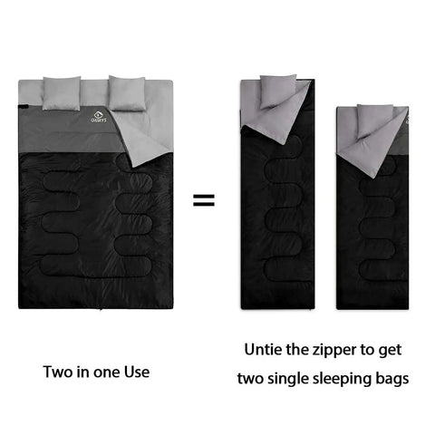 All Season Double Sleeping Bag For Adults With 2 Pillows Queen Size XL Waterproof Camping Gear For Two, shown as single and double configuration