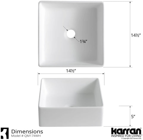Quattro QM174 Vibrant Matte White 15 Inch Square Bathroom Vessel Sink For Above-Counter Installation dimensions top view