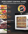 Heavy Duty Commercial Food Dehydrator And Freeze Dryer Combo control panel showing settings for fruits, veggies, nuts, herbs, meat, and yogurt.