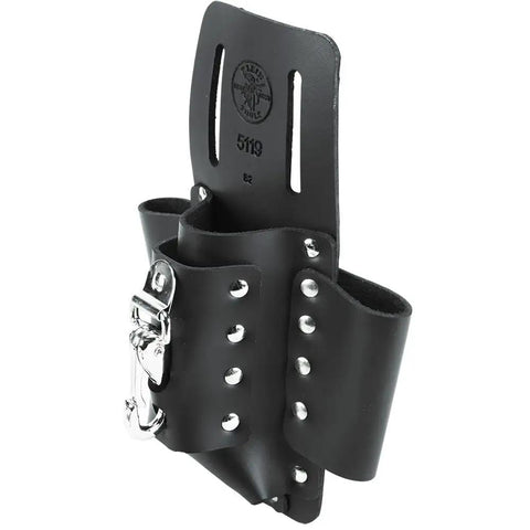Leather Tool Pouch With Four Pockets And Knife Holder, Riveted Belt Mount Multi Tool Carrier For Electricians shown in black leather.